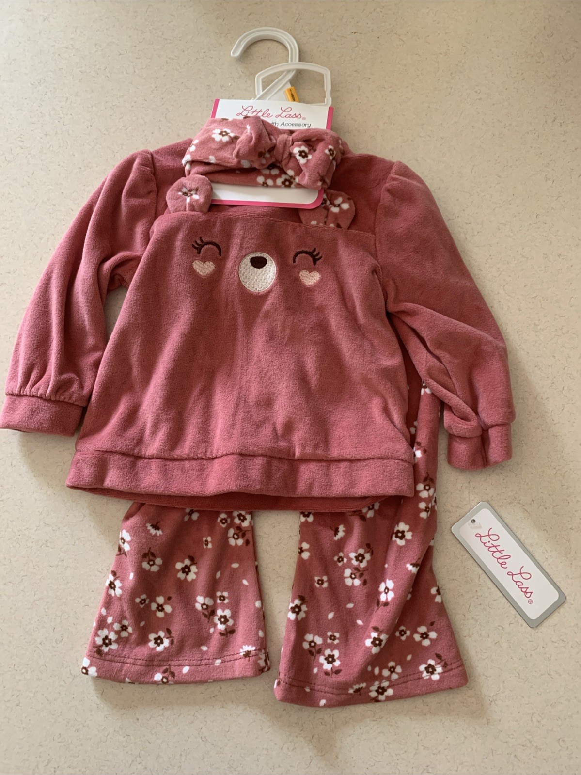 Little Lass Baby Girls Pink Polyester Floral Bear Outfit Set With Headband