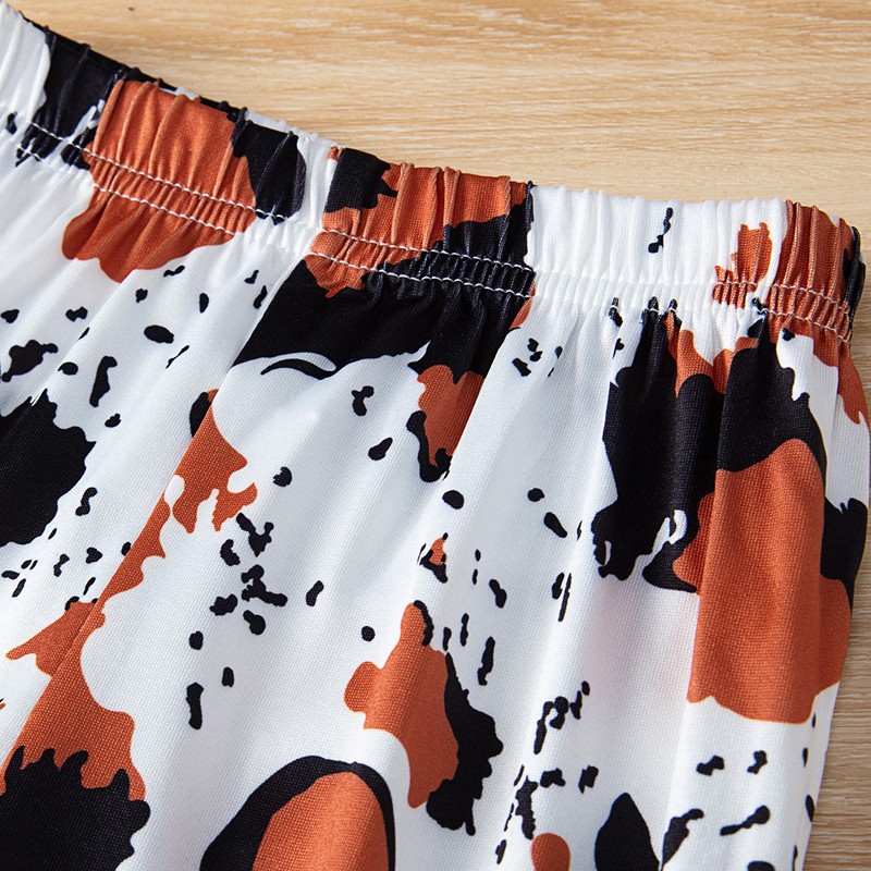 Baby Girl Flare Outfit Ribbed Bodysuit Button Romper Cow Print Bell Bottoms Set