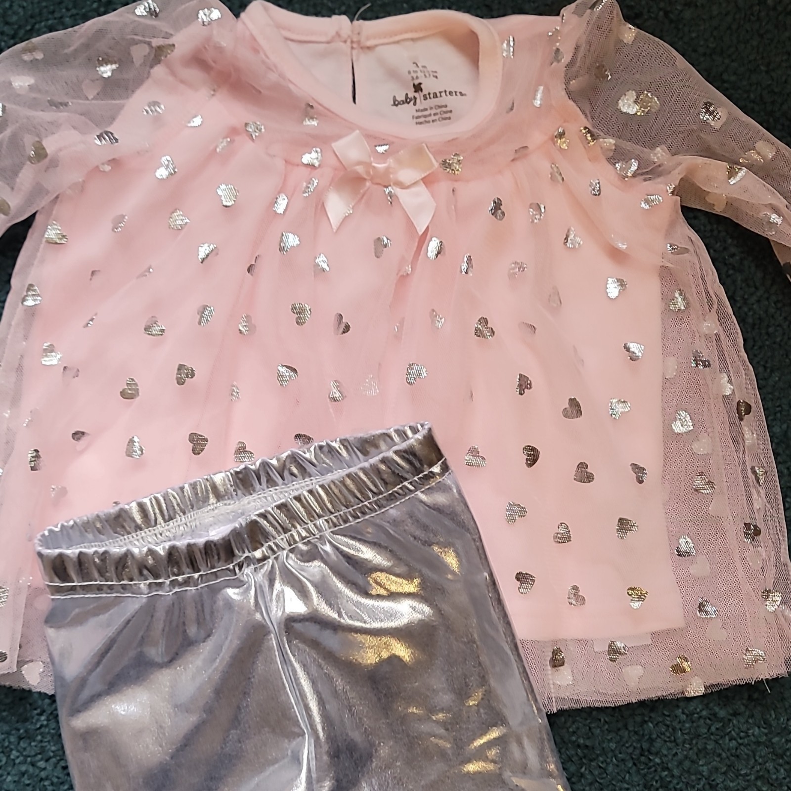 Baby Starters 2 Piece Pink Silver Heart Dress Set & Leggings 3 Months