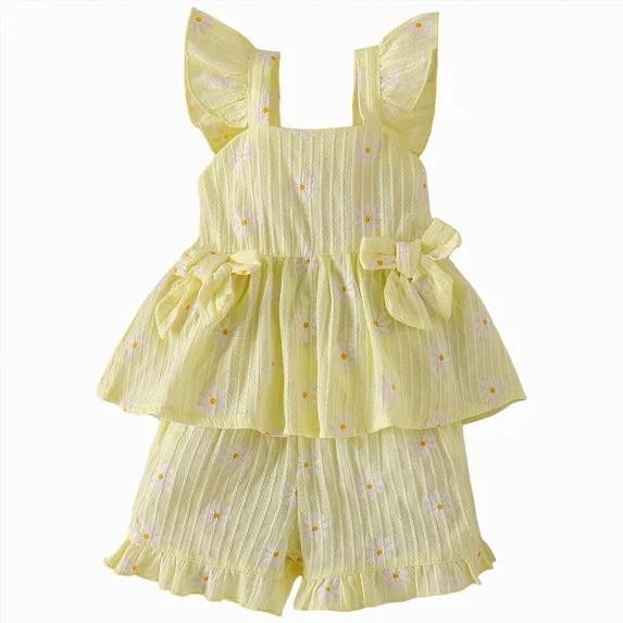 Toddler Girl Baby Summer Outfits Bow Button Smocked Ruffle Sleeve Tops＋Shorts