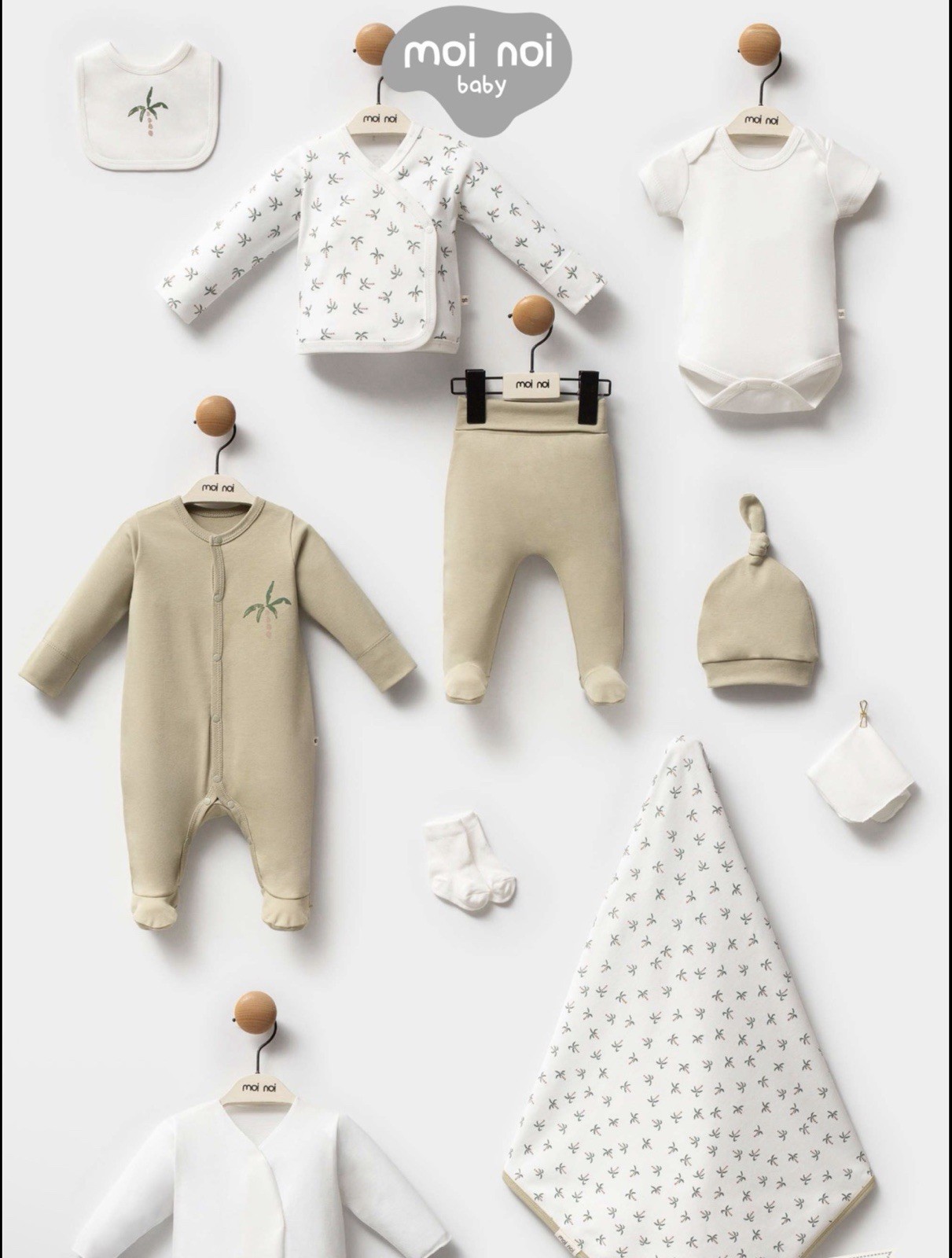 moi noi baby 9-Piece Beige Palm Tree Layette Set Bodysuit Pants Jacket Hat Bib