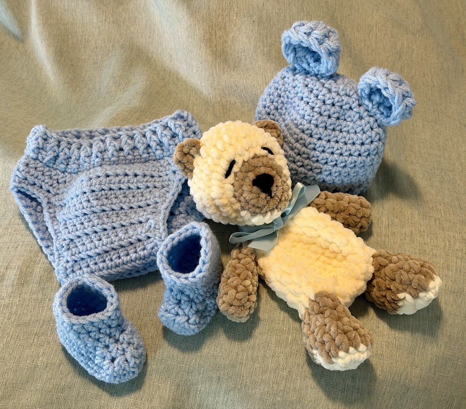 New Crochet Teddy bear snuggler with newborn bear diaper cover outfit set