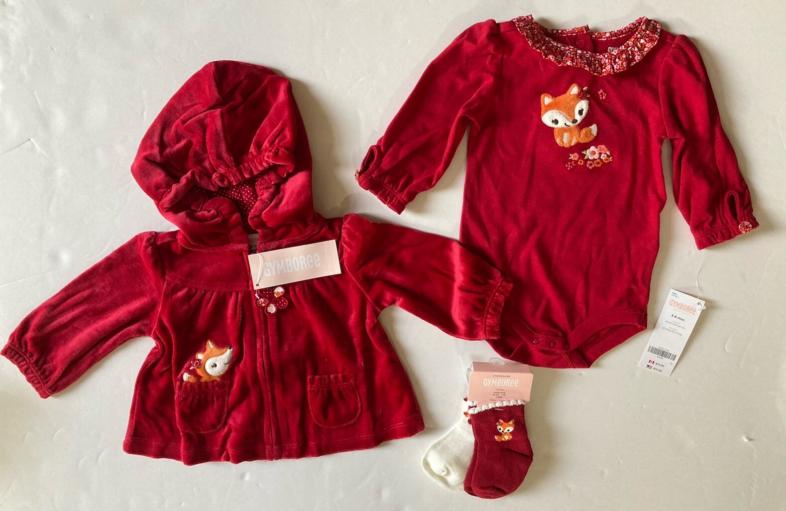 NWT Gymboree Adorable Fox 3-6 Months Red Bodysuit Velour Hoodie & Socks
