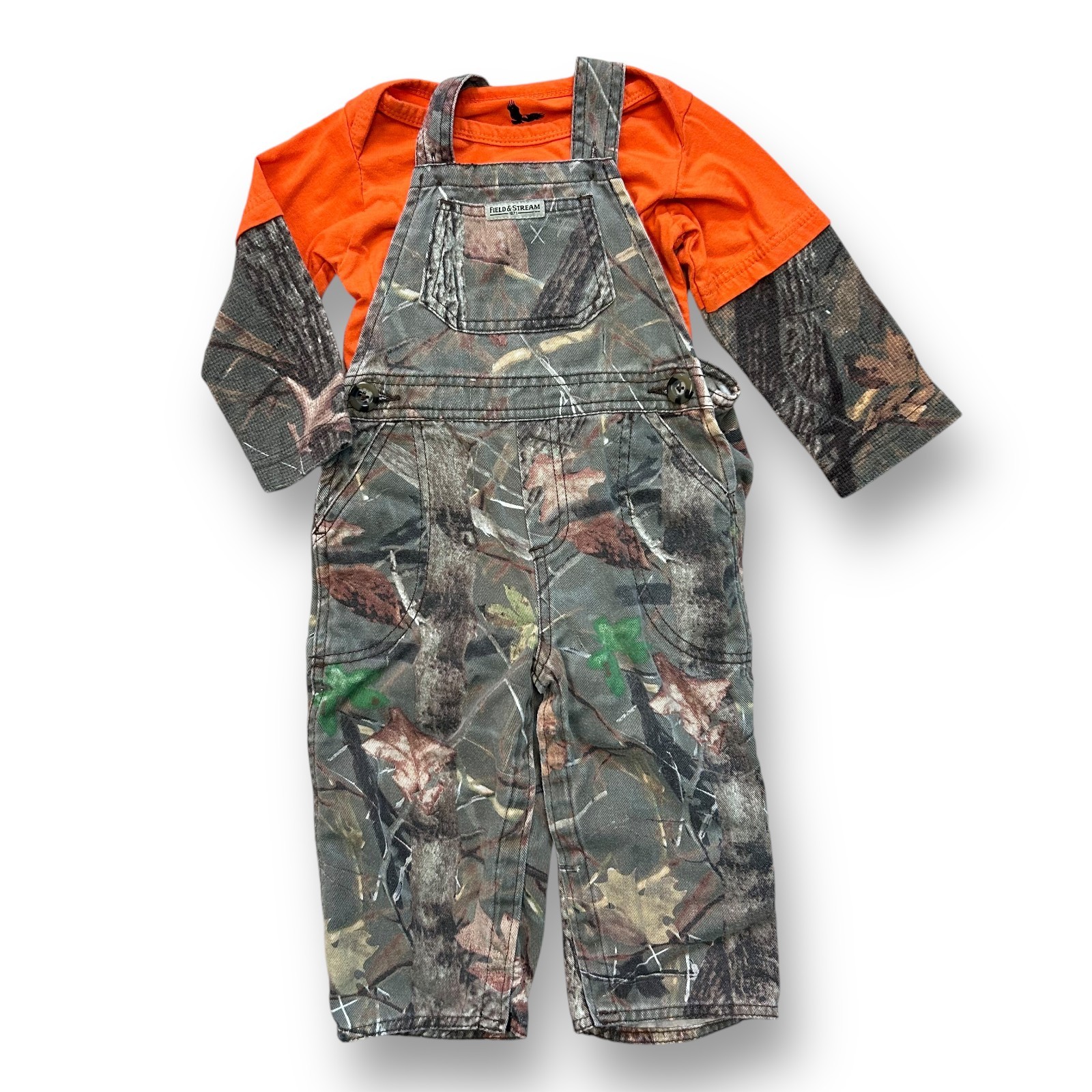 Field & Stream Toddler Boys Camo Overalls 24 Months Orange Shirt and Canvas Bibs