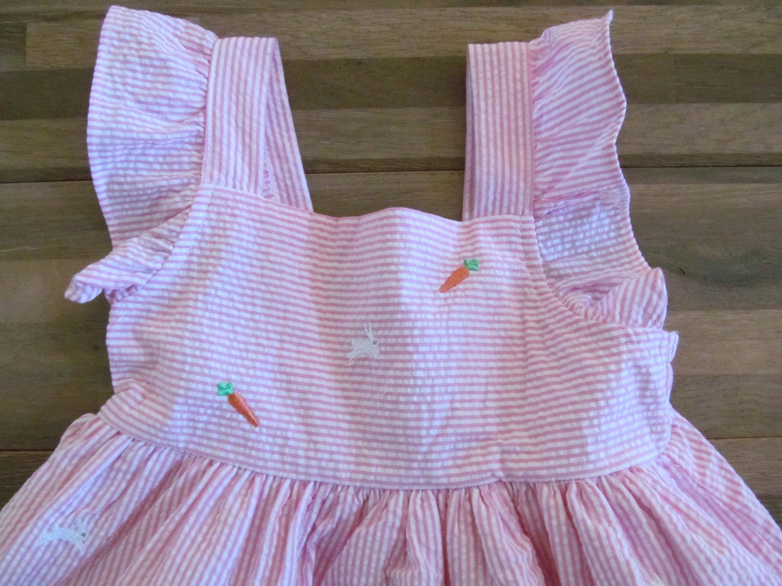 Baby Girl Pink Striped Seersucker EASTER Dress 12 Mo Boutique Embroidered BOW!