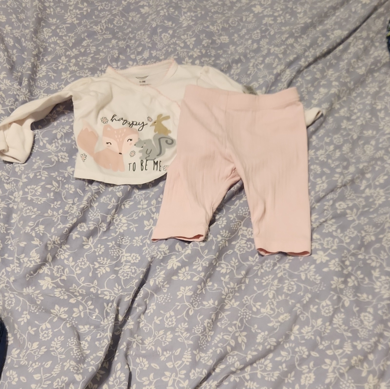 Wonder Nation Girls 0-3M 2pc Cotton Knit Fox/Squirrel Top & Pants Pink/White