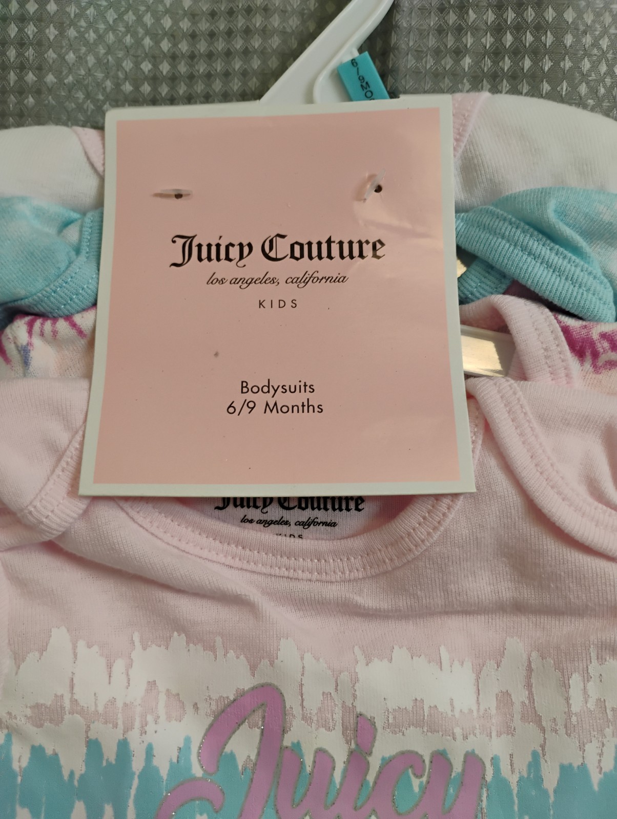Juicy Couture Baby Girl 4 Piece Bodysuit Set Pink, White & Blue 6-9 Months