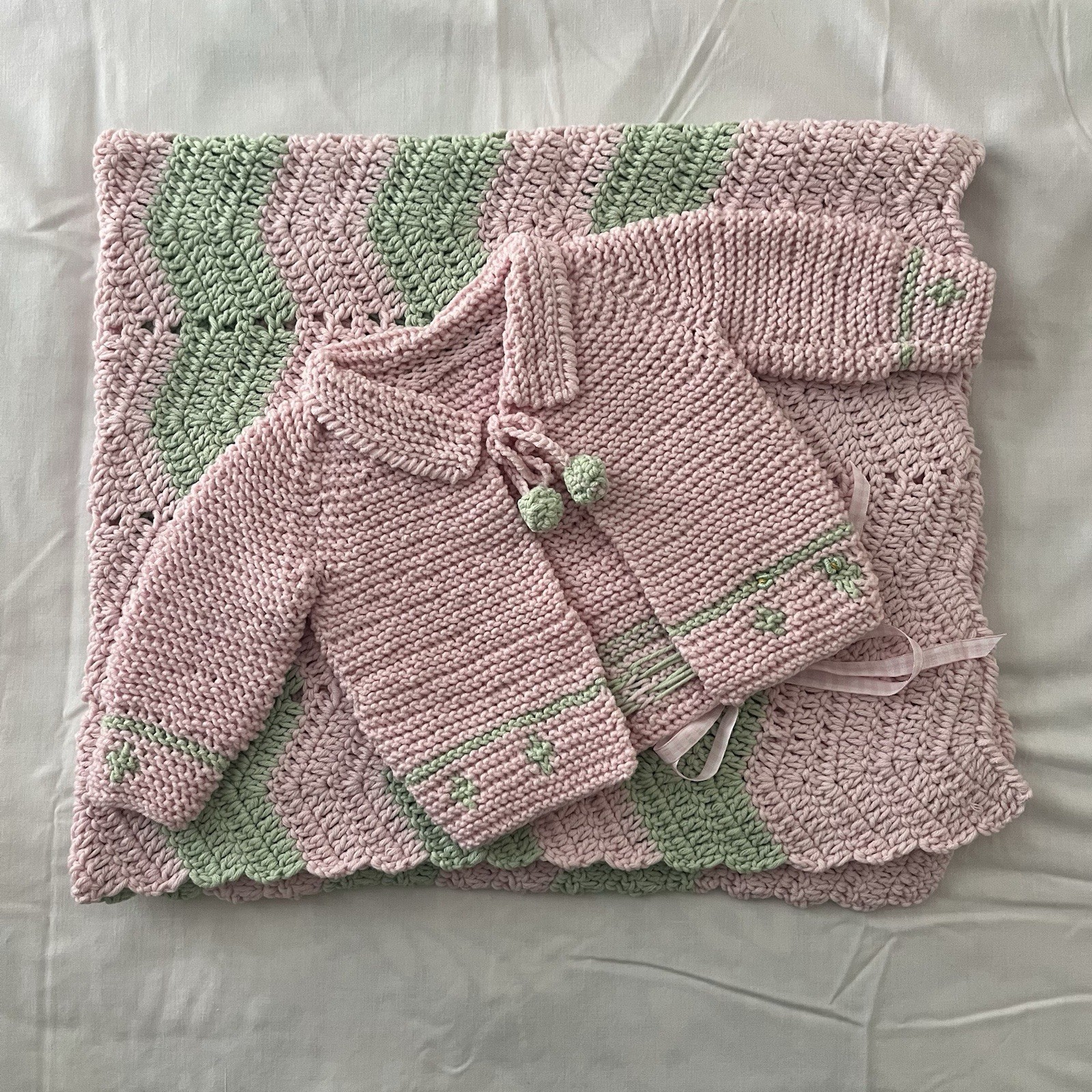 Handmade Crochet Chevron Baby Layette Set Sweater & Blanket Pink Green Tie