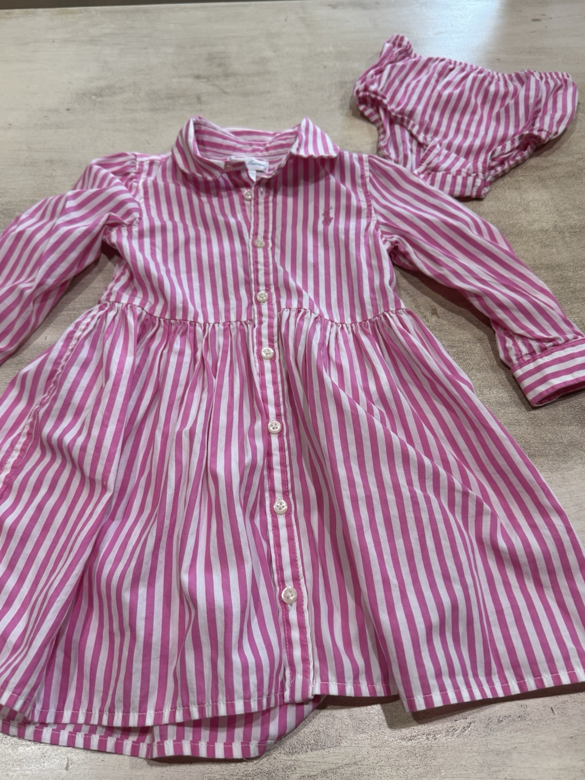Ralph Lauren 2-Piece Pink White Striped Dress & Bloomers Set 18M Cotton Logo