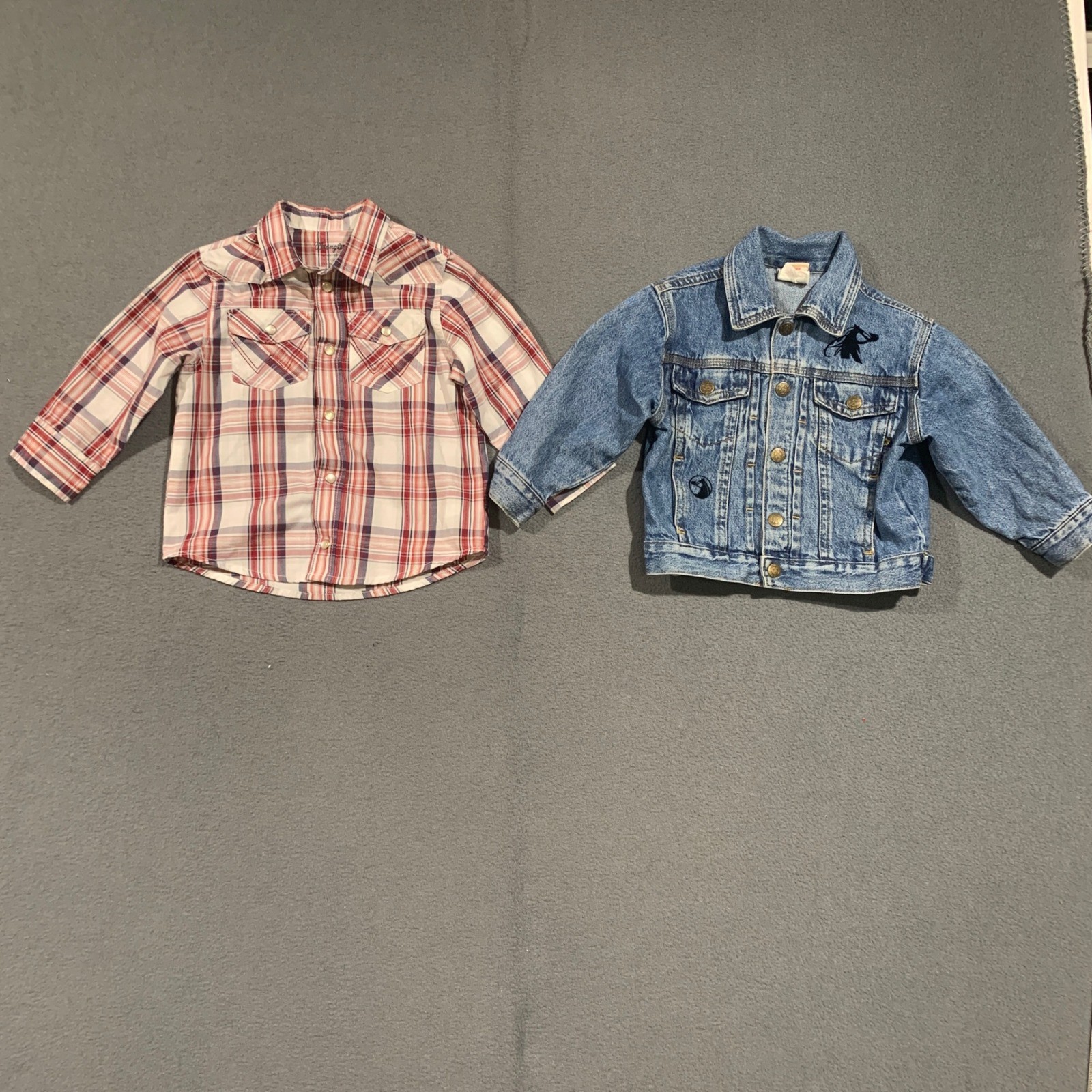Wrangler Plaid Shirt and Faded Glory Horse Denim Jacket Set Kids 24M 2T Western