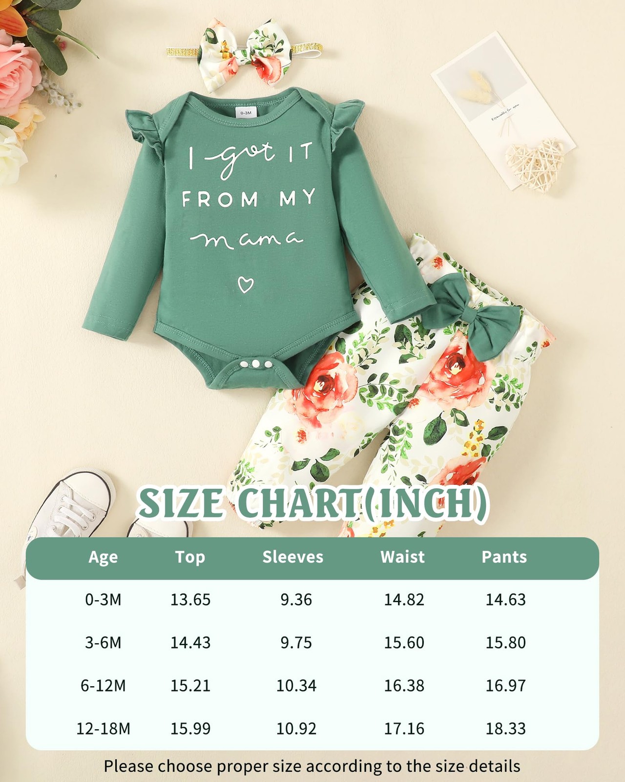 Green Baby Girl Romper & Pant Set 6-12 Months – Long Sleeve Ruffle Fall Outfit