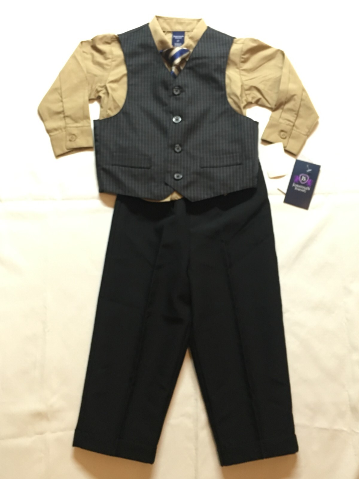 Toddler Boys Black & Tan Brown Plaid Vest Suit 4pc Dress Up Outfit