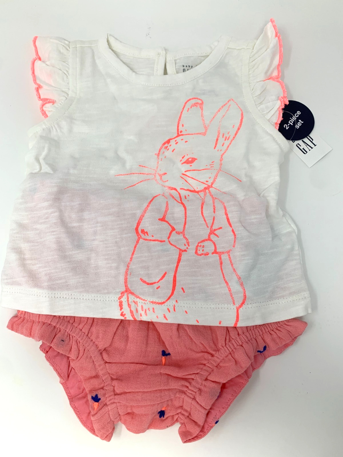 NWT Gap Baby Girl 3-6 Months Coral Easter Peter Rabbit Embroidered Shorts Set