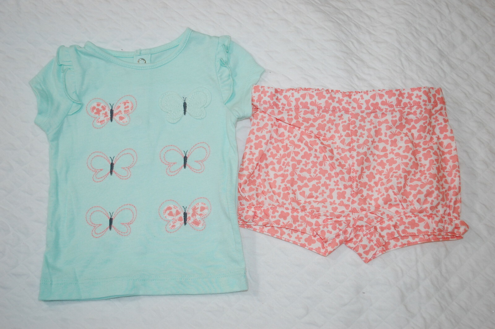 Baby Girls MINT GREEN S/S T-SHIRT Butterflies WOVEN SHORTS White Peach 6-9 MO