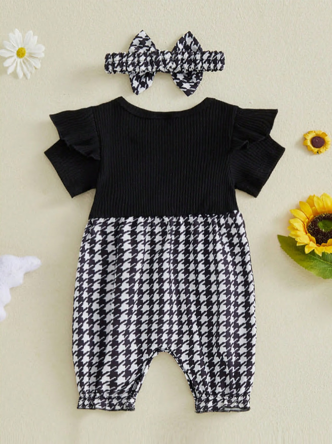 Newborn Baby Girl Outfit Long Sleeve Bee Print Jumpsuit+Bow knot Headband