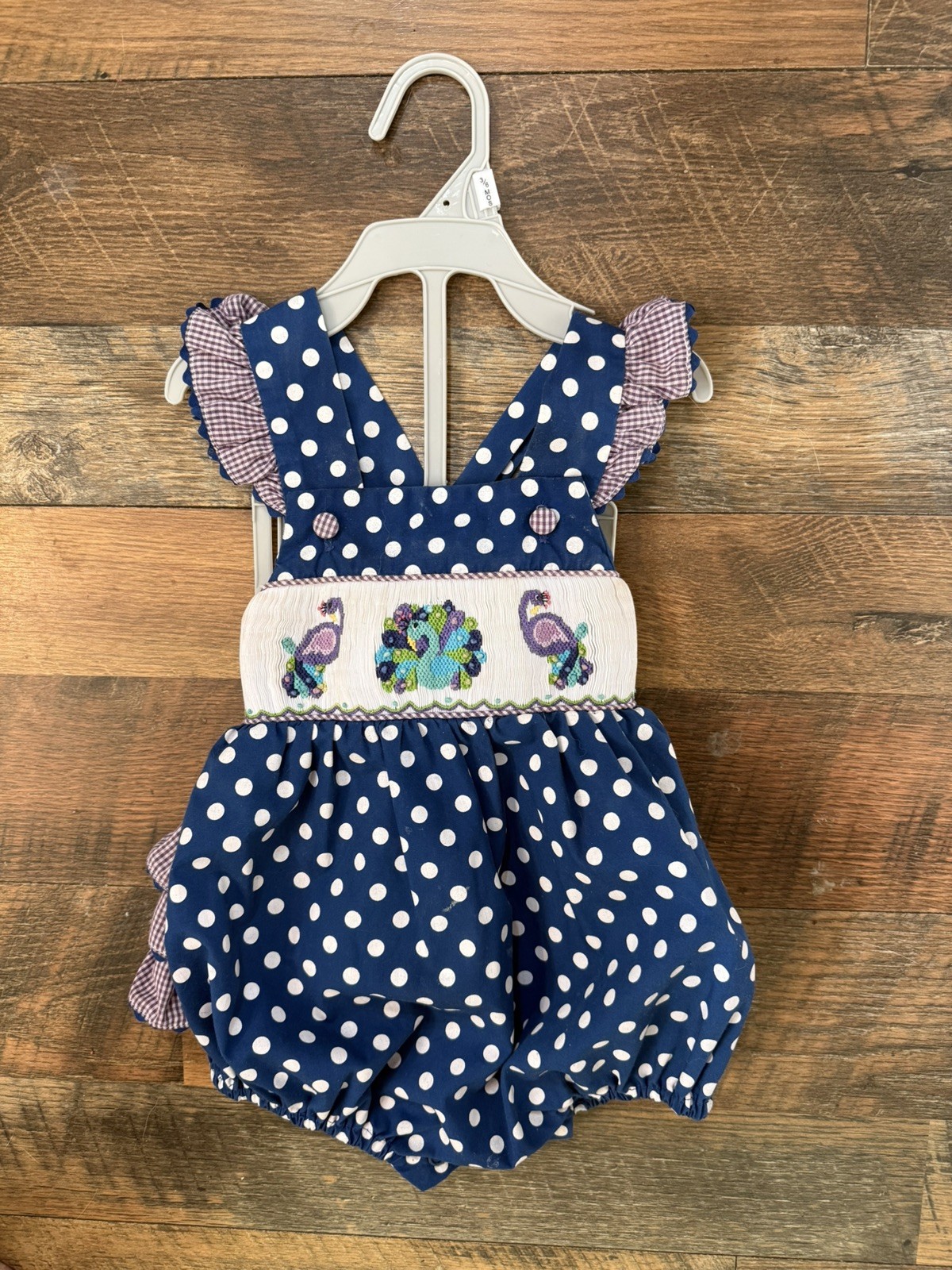 Stellybelly Smocked Peacocks Bubble Romper Ruffles Sz 12 month