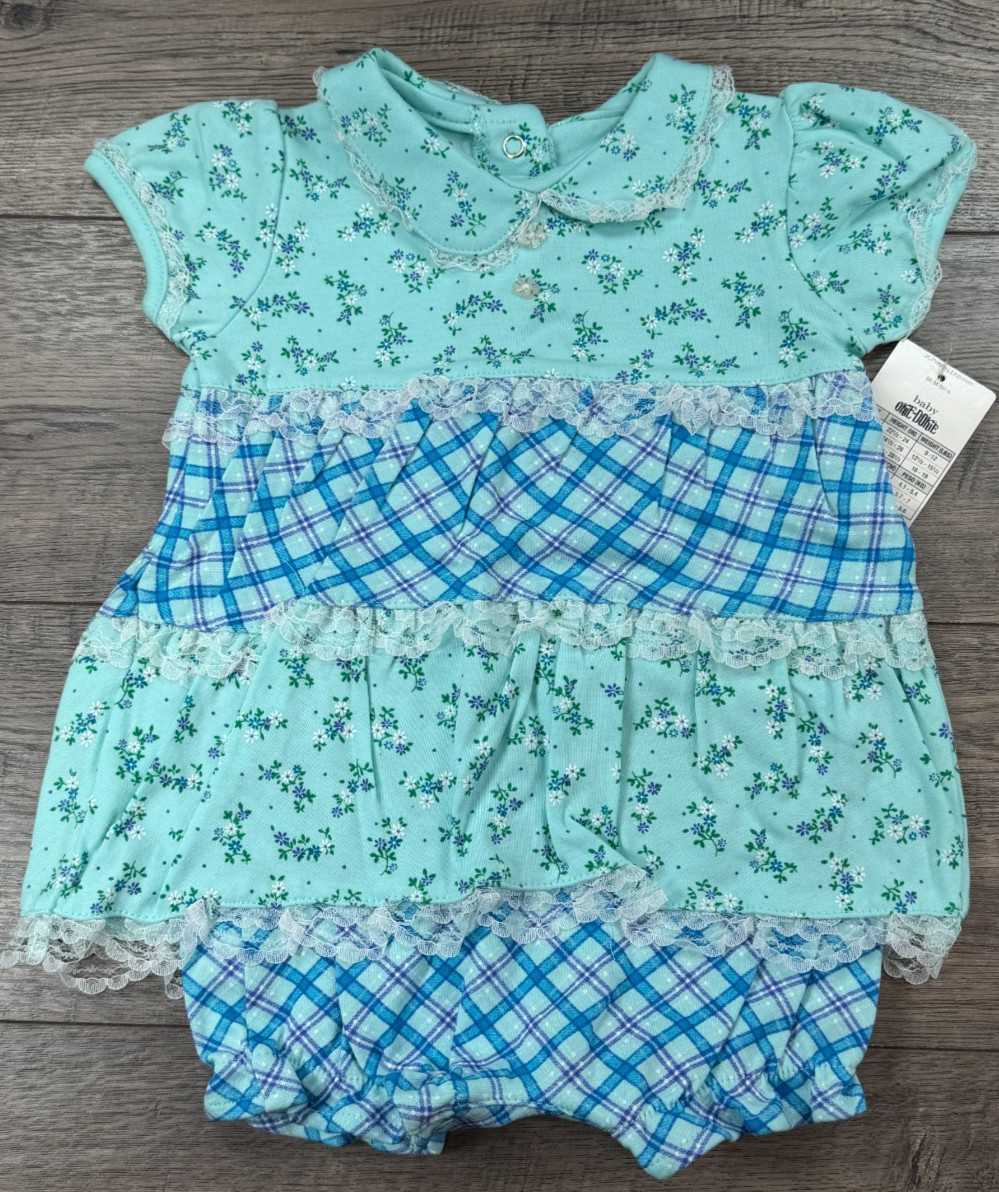 Baby Girl New Vintage Okie Dokie 3-6 Month 2pc Blue Floral Romper & Bib Outfit