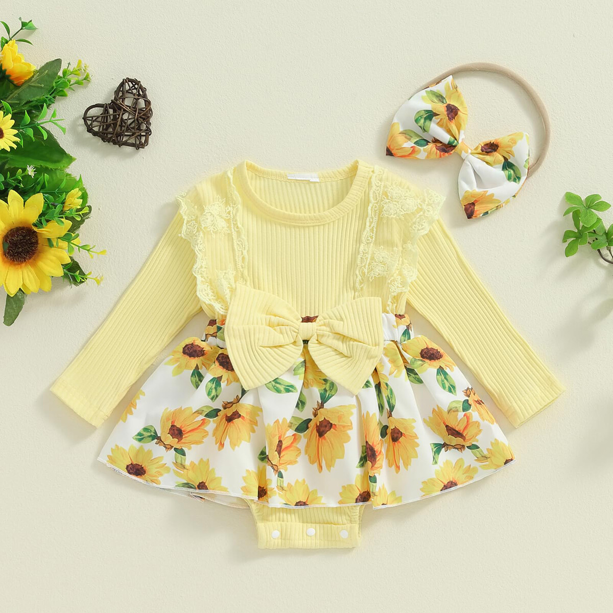Newborn Baby Girls Lace Ruffle Floral Bodysuit Romper Headband Outfit Clothes US