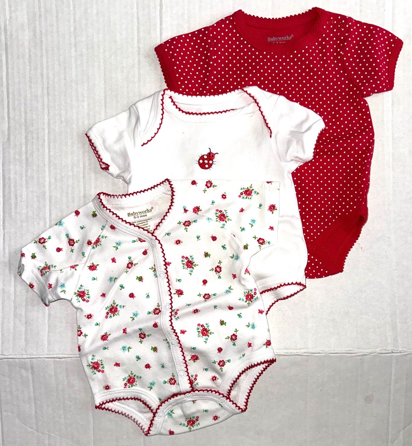 BABY WORKS set of 3 creepers white/red/polka dot/floral size 0-3 months