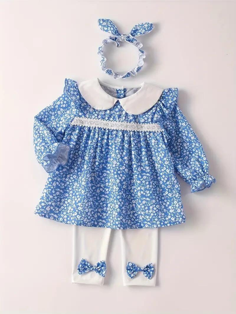 NEW Blue Floral Outfit Baby Girl 3-6M 6-12M Boutique Top Pants Lace L/S *29