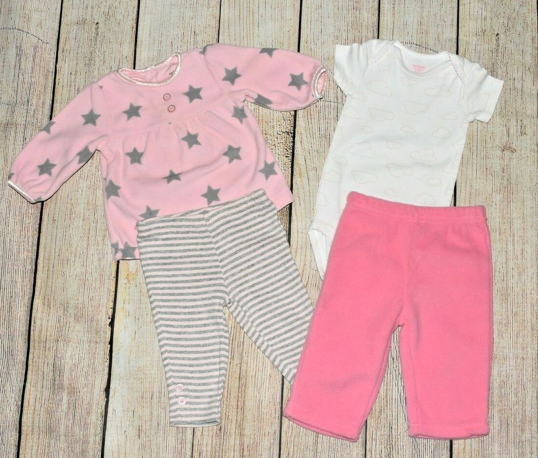 CARTER’S 3M GIRLS PINK STARS CLOUDS FLEECE BUTTON GLITTER BODY SUIT OUTFIT SET