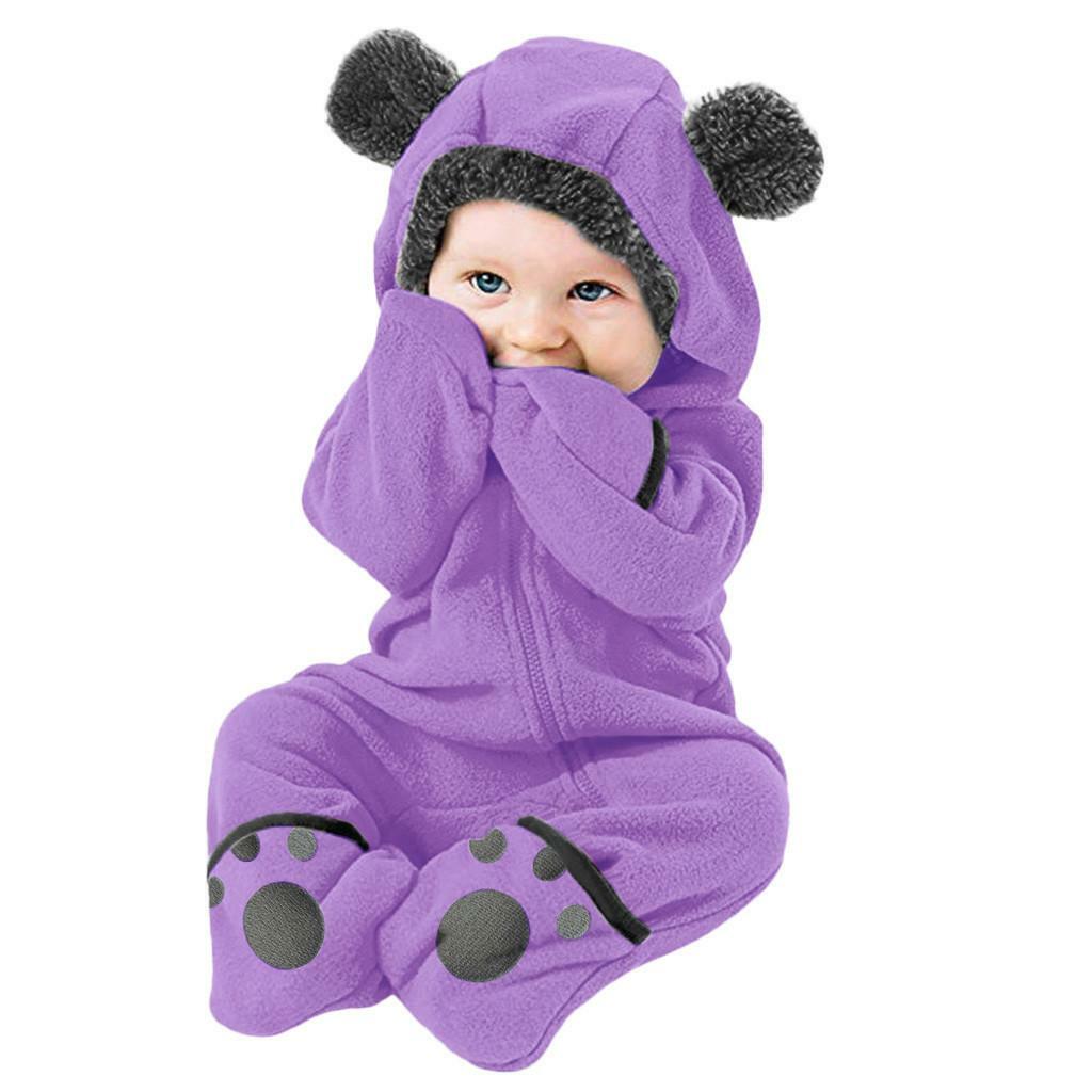 Boys Girls Bear Feet Polar Fleece Hooded Bodysuit Romper Jumpsuit Newborn Baby