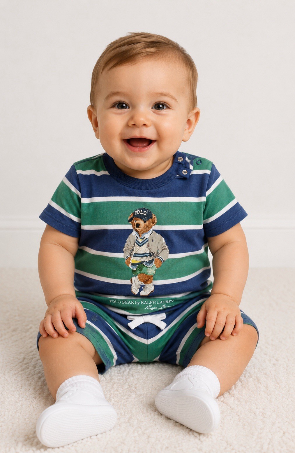 Ralph Lauren Baby Boy Polo Bear Striped 2-Piece Short Set NWT Blue Green Outfit
