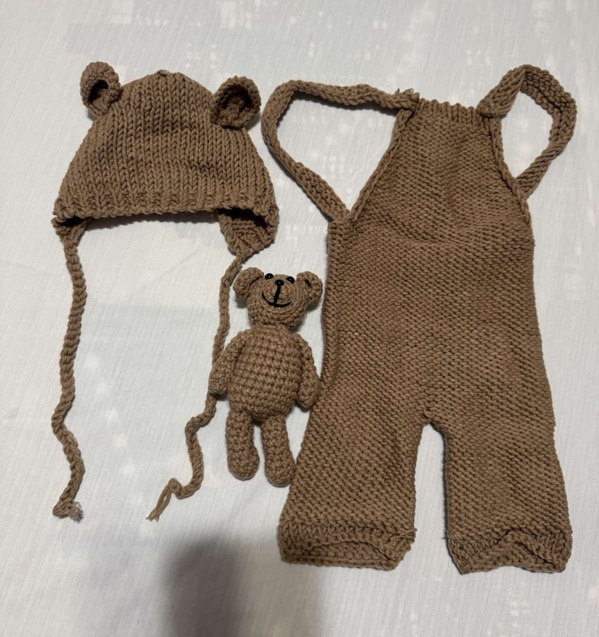 Newborn Brown Knit Bear Hat & Overall Outfit Set 3-Piece Sleeveless Tassel