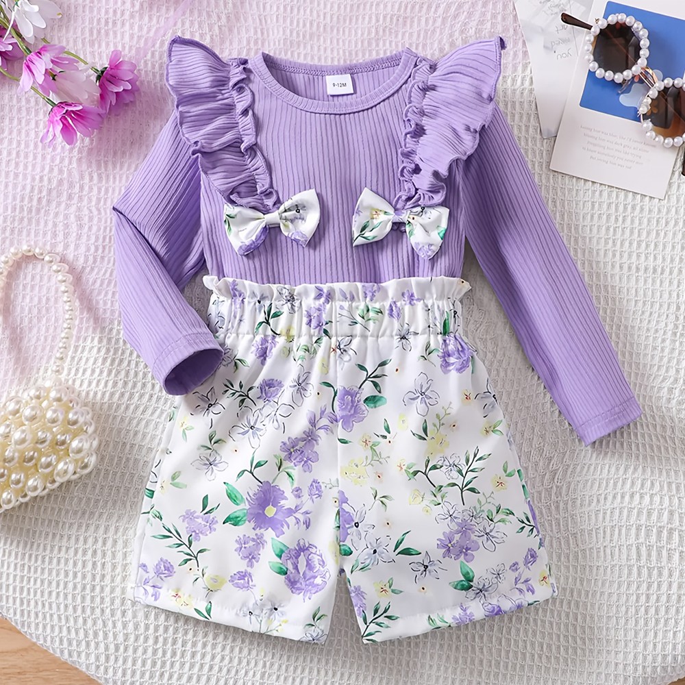 Baby Girl Clothes 2 Pieces Outfits Long Sleeve Ruffles T-Shirt + Short Pants Set