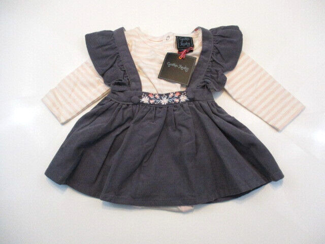 CYNTHIA ROWLEY Outfit Girl 3-6 mo Gray Corduroy Pinafore Striped One-piece NWT