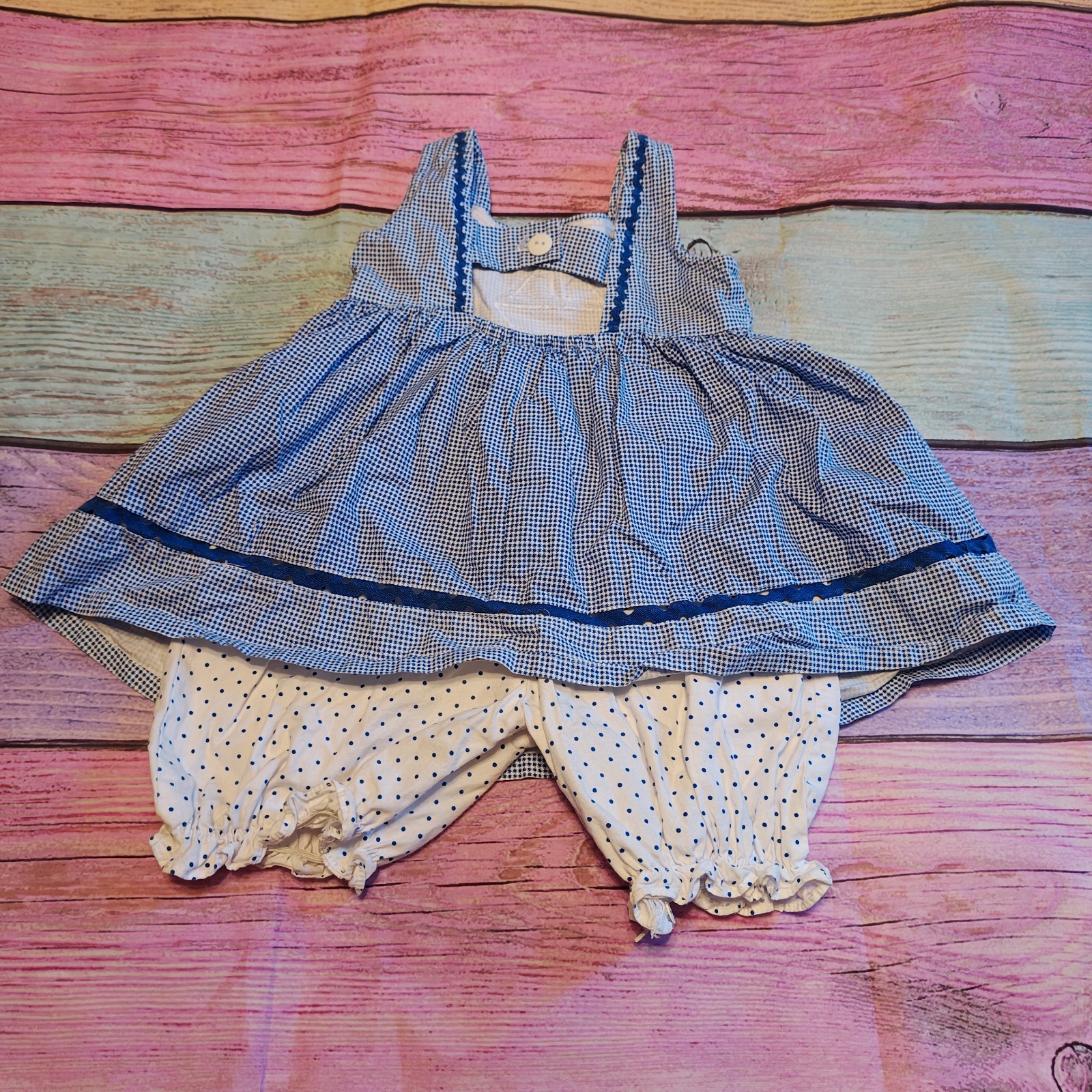 Vintage Sweet Potatoes 12m Blue Gingham Dress Boat Applique Bloomers #0757