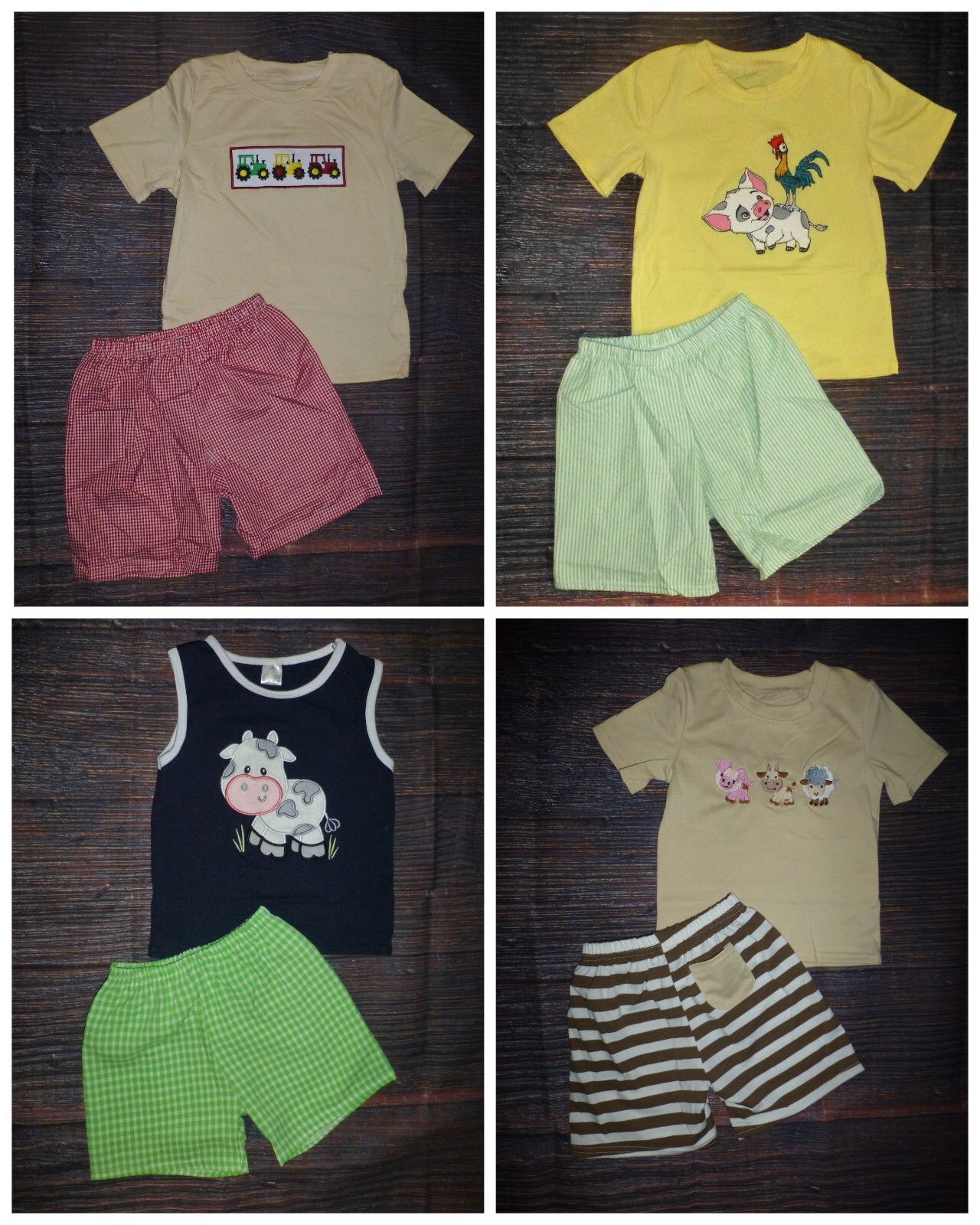 NEW Boutique Boys Shorts Outfit Set Farm Animals Tractor Chicken Cow Pig Sheep