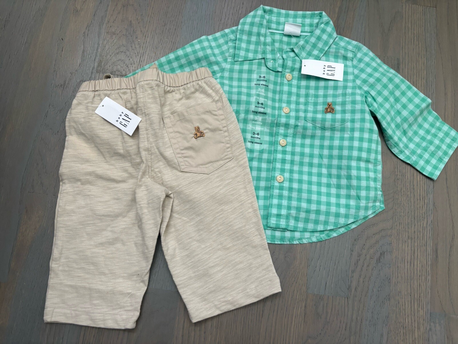 NWT Baby Gap boy 2-piece SPRING EASTER green plaid shirt khaki pant SET 3 6 9 12