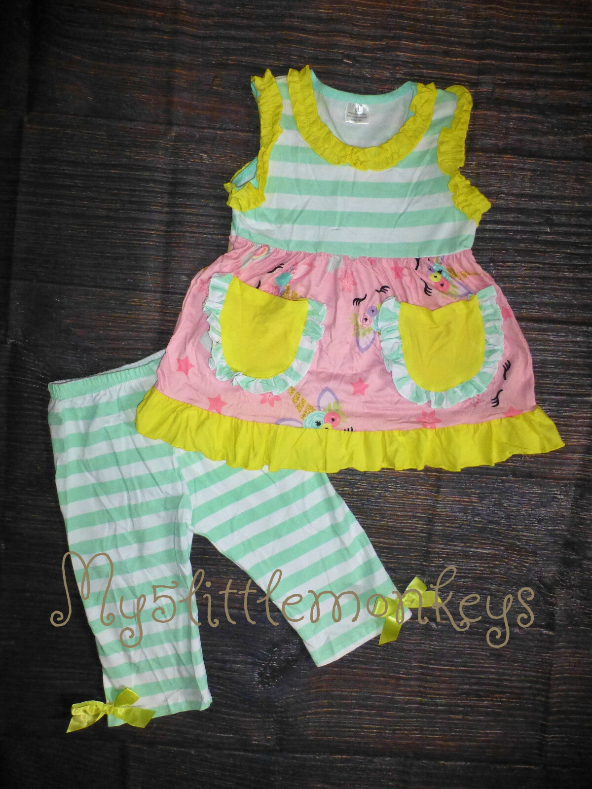 NEW Boutique Unicorn Striped Tunic Pocket Dress Leggings Girls Outfit Set