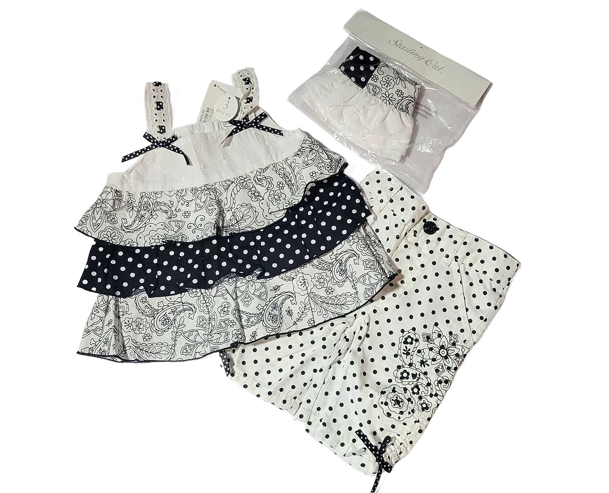 Baby Girl’s Tiered Tunic Top, Pants, Hat Set, Dots, Floral, Size 3 Months