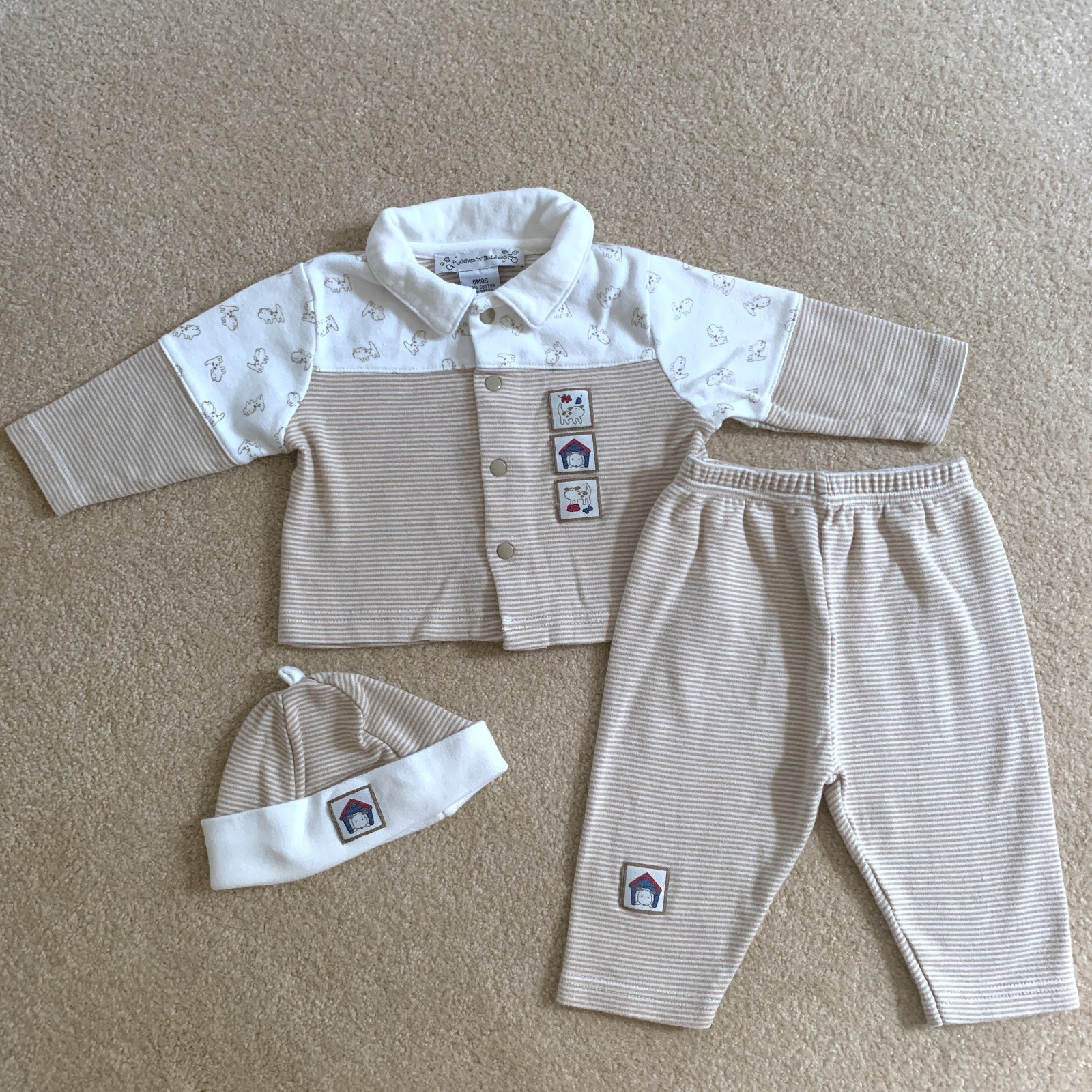Vintage Y2K Puddles N Bubbles 6 mo Puppy Baby Layette 3pc Made in Hong Kong VTG