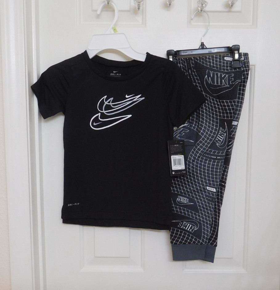 NWT 2pc Nike Black Gray White Swoosh Logo Shirt & Logo Print Joggers sz 4t