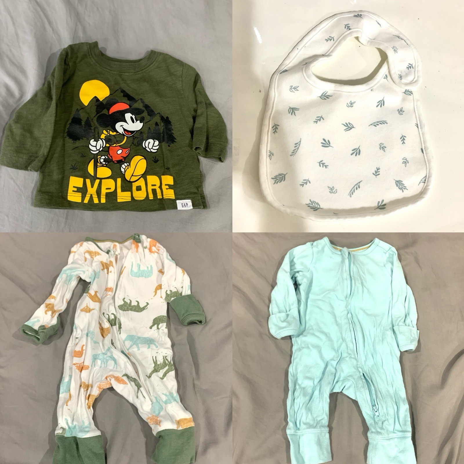 Set of 4 Baby Cloth bundles, one piece sets, shirt, bib