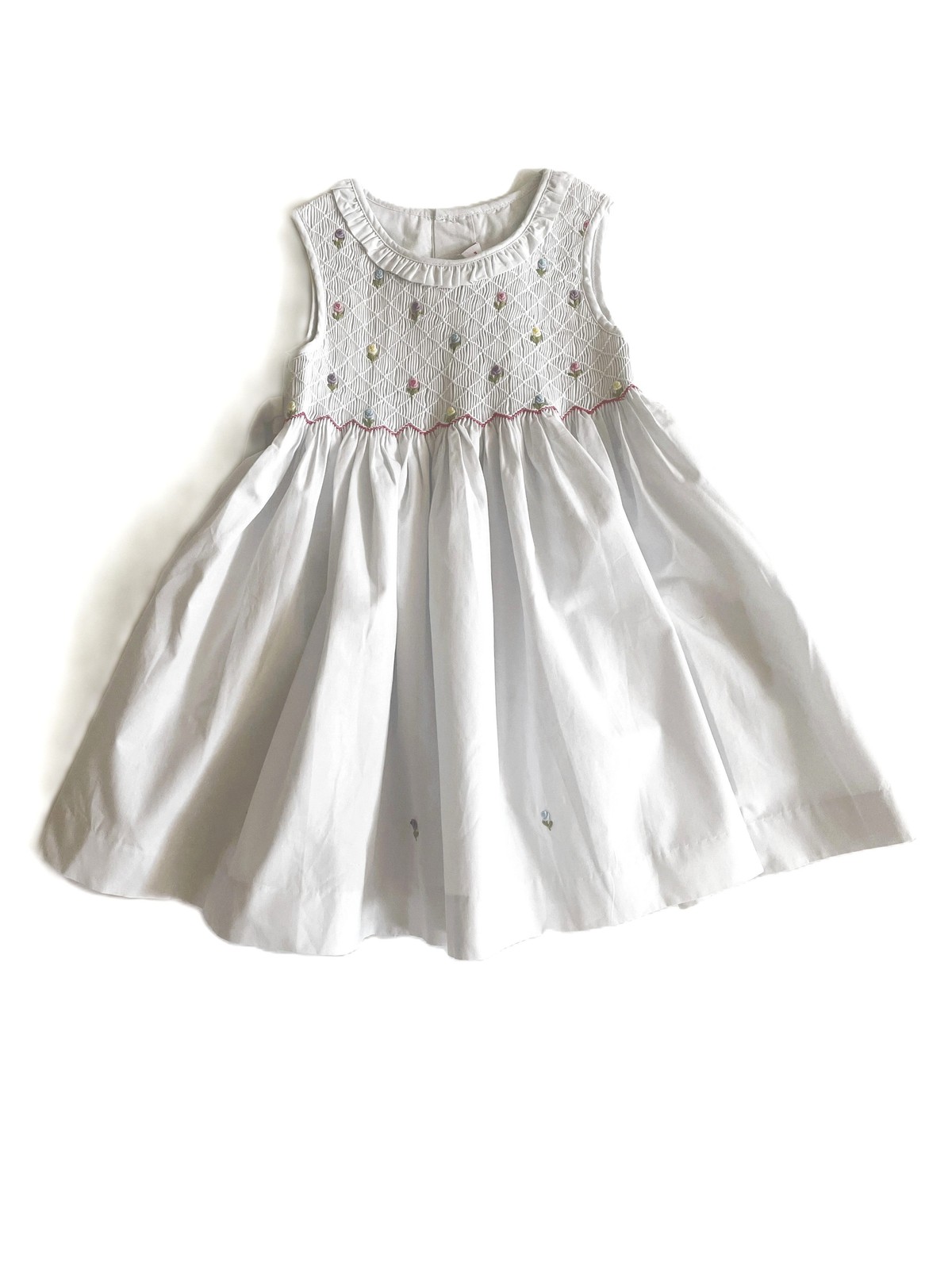 White Geometric Smocked with Multi Flowers Sleeveless Dress