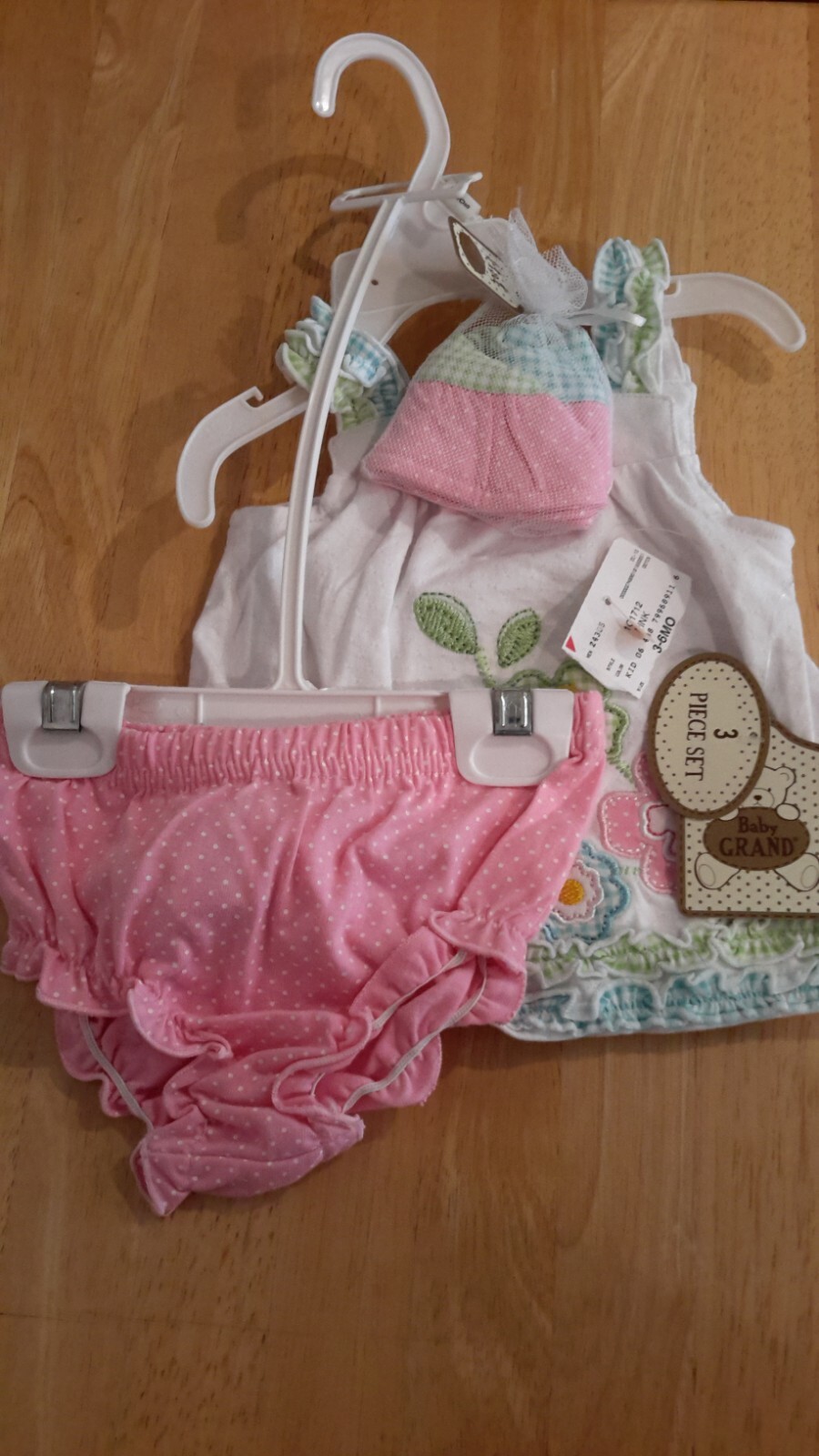 Baby Grand Girls 3-6 M 3 Piece Set Dress Hat Diaper Cover Pink/White/Green New