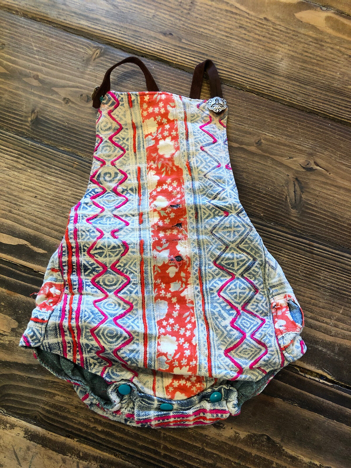 6-12 MONTHS ETSY HANDMADE DENIM BOHO TRIBAL BUBBLE ROMPER WITH LEATHER STRAPS