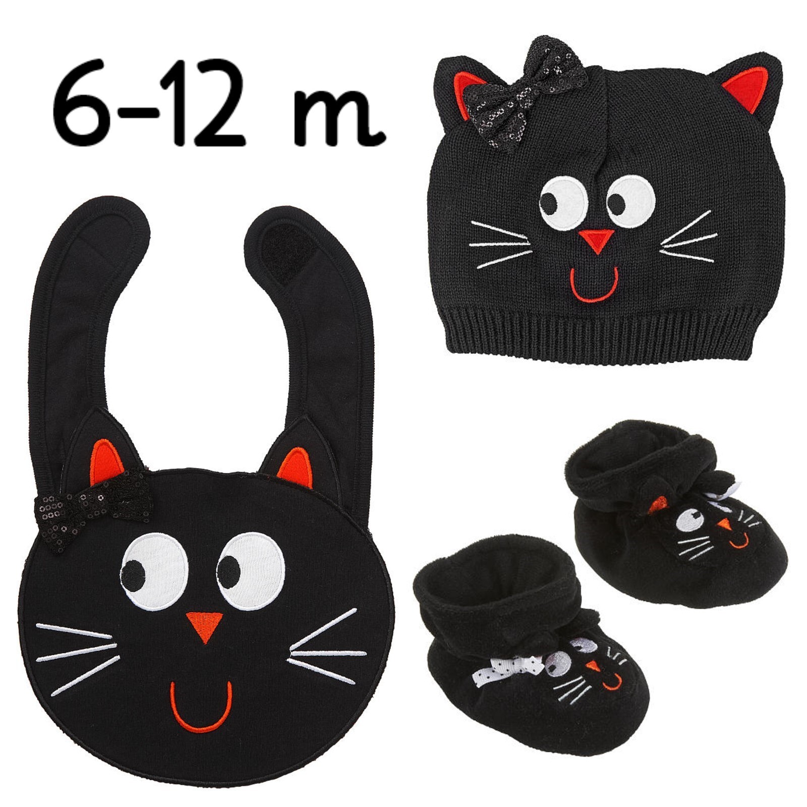 Koala Kids 1st Halloween 6-12m Deluxe Black Cat Set ~ Bib, Beanie Hat, Booties