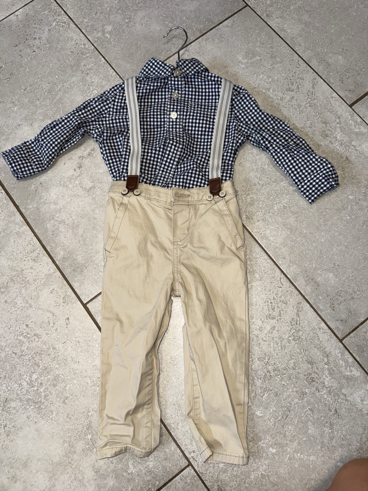 Baby B’gosh Toddler Boy 2-Piece Set 18M Gingham Bodysuit Khaki Pants Suspenders