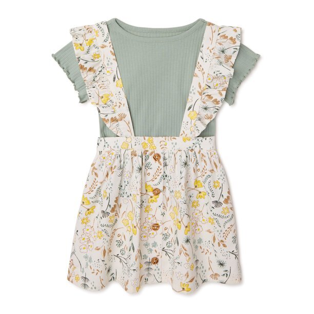 Wonder Nation Baby Pinafore Dress, 2-Piece Outfit Set, Green, 12 Months