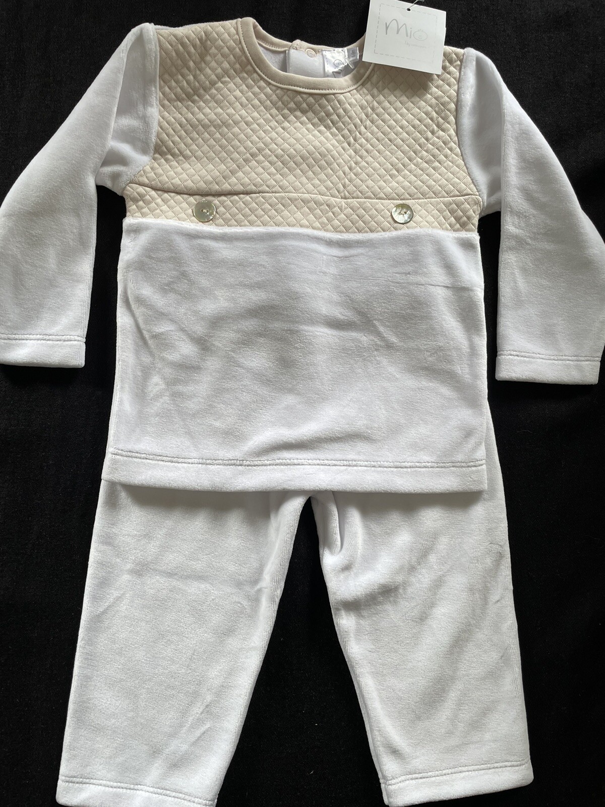 Mio (Peru) NWT Beige/White Quilted Pima Cotton Velour Top & Pants-6-9Mos