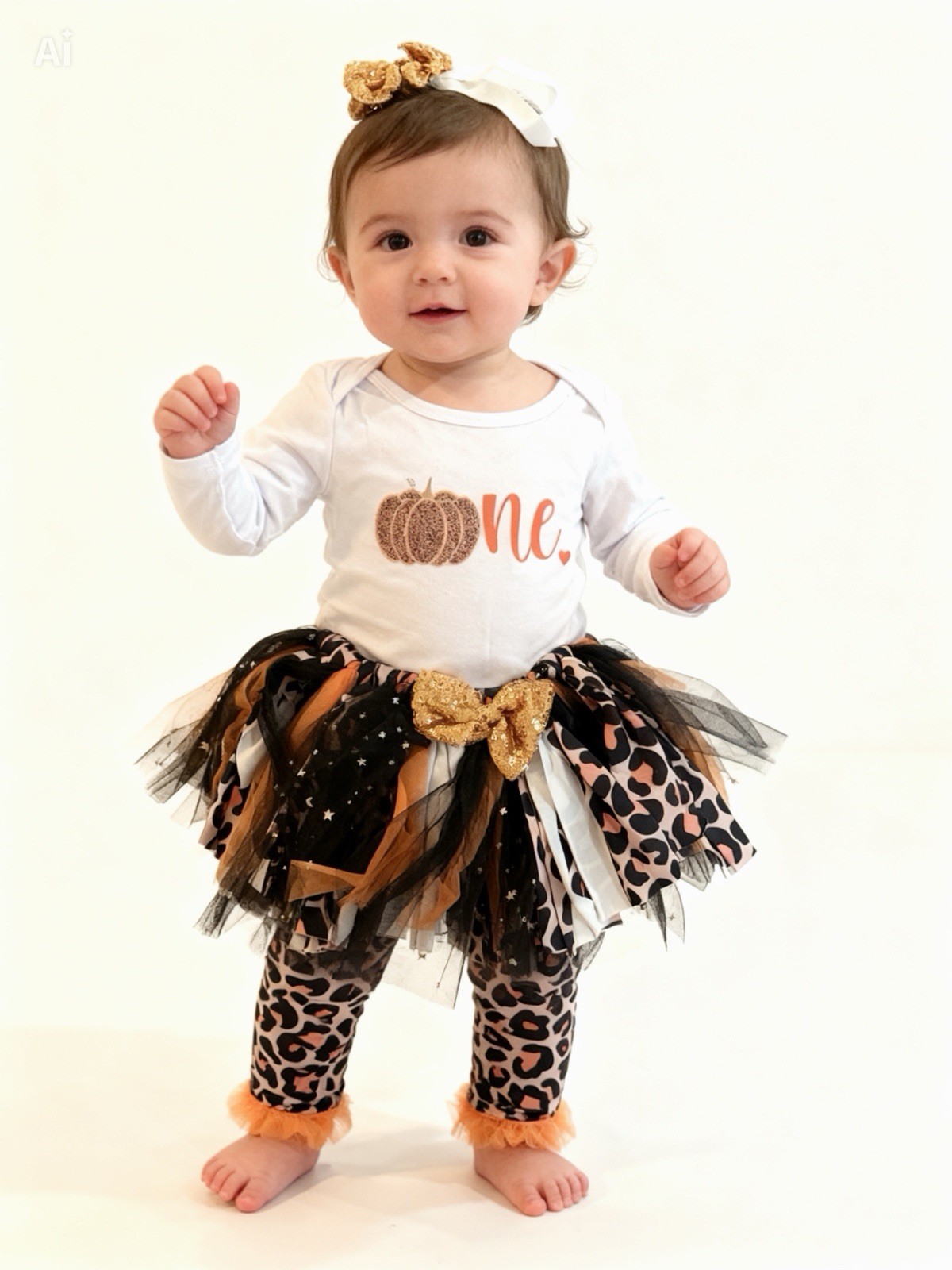 Pumpkin Birthday Outfit Set with Skirt, Animal Print Leggings, Headband