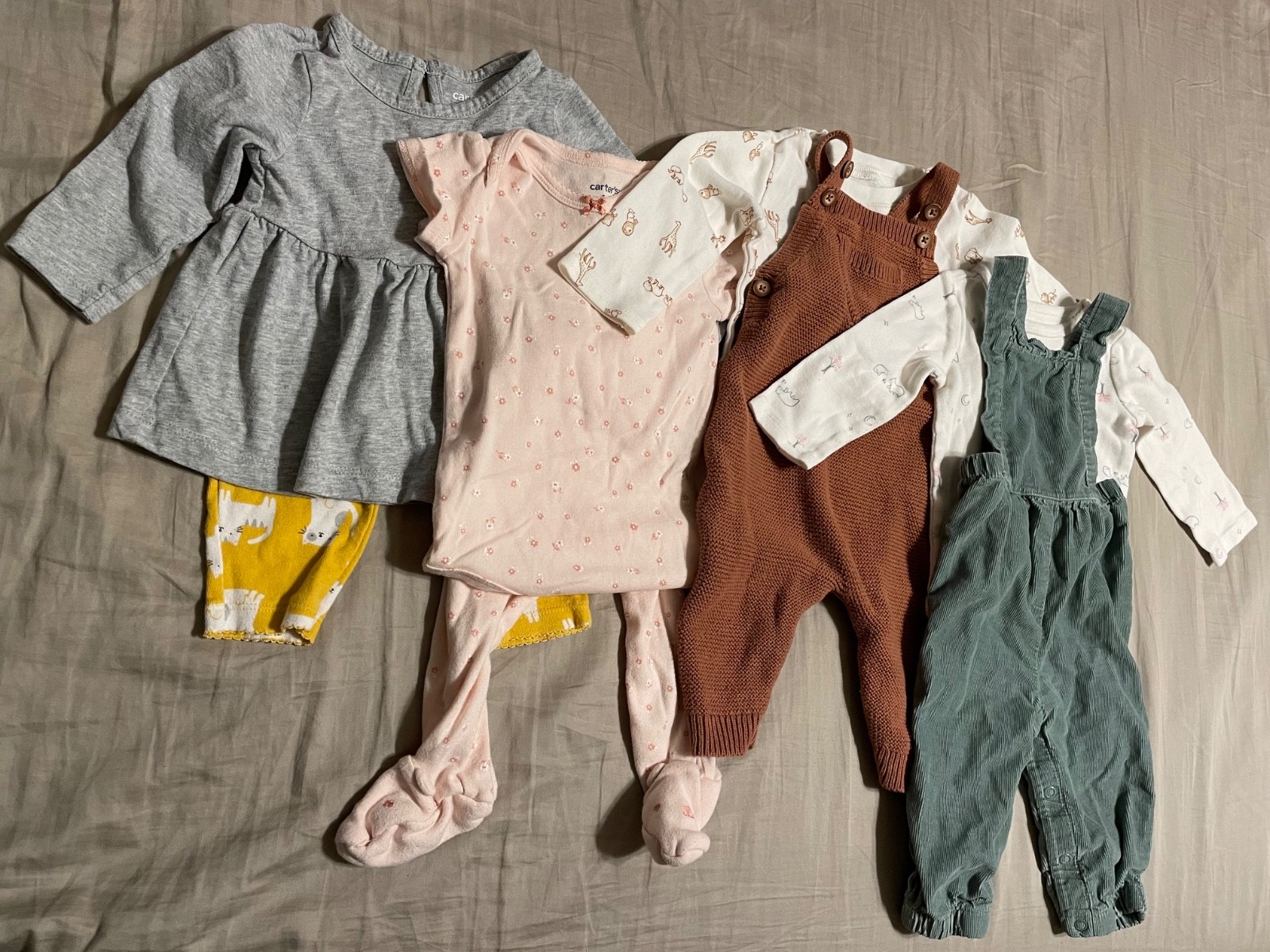 Baby Girl Clothes 6m, Carter’s, four outfits, 8 pieces, 2 jumpsuits