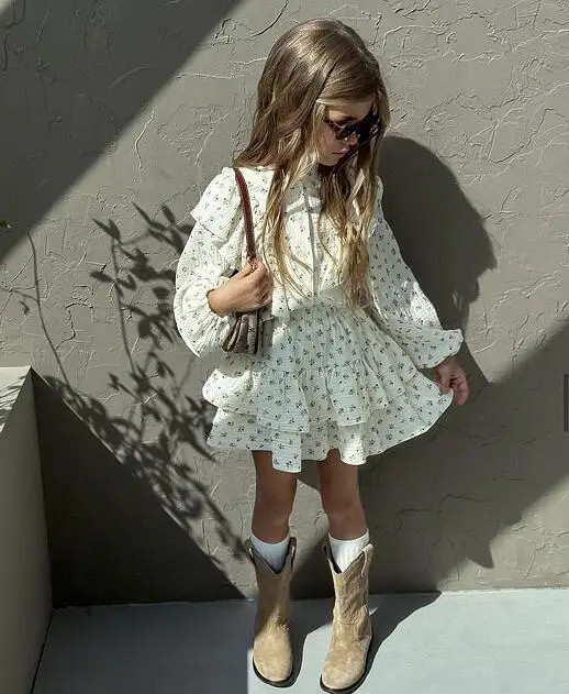 New Girl’s Dress Autumn Floral Lace Shirt+Cake Skirt Two-piece Set