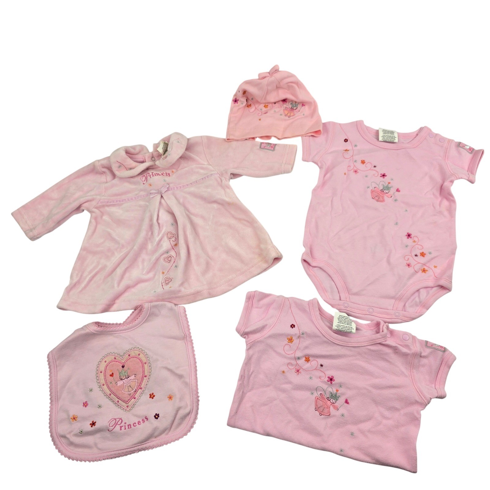 Carters Princess Baby Girl Pink Outfit Set Bodysuit Dress Hat Bib 0-3 Months Y2K