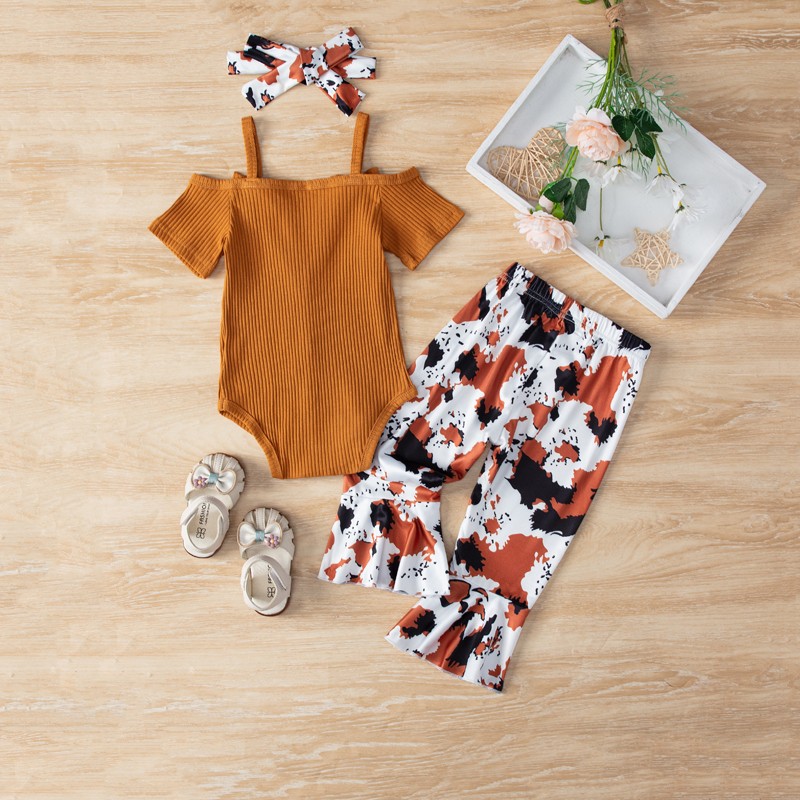 Baby Girl Flare Outfit Ribbed Bodysuit Button Romper Cow Print Bell Bottoms Set